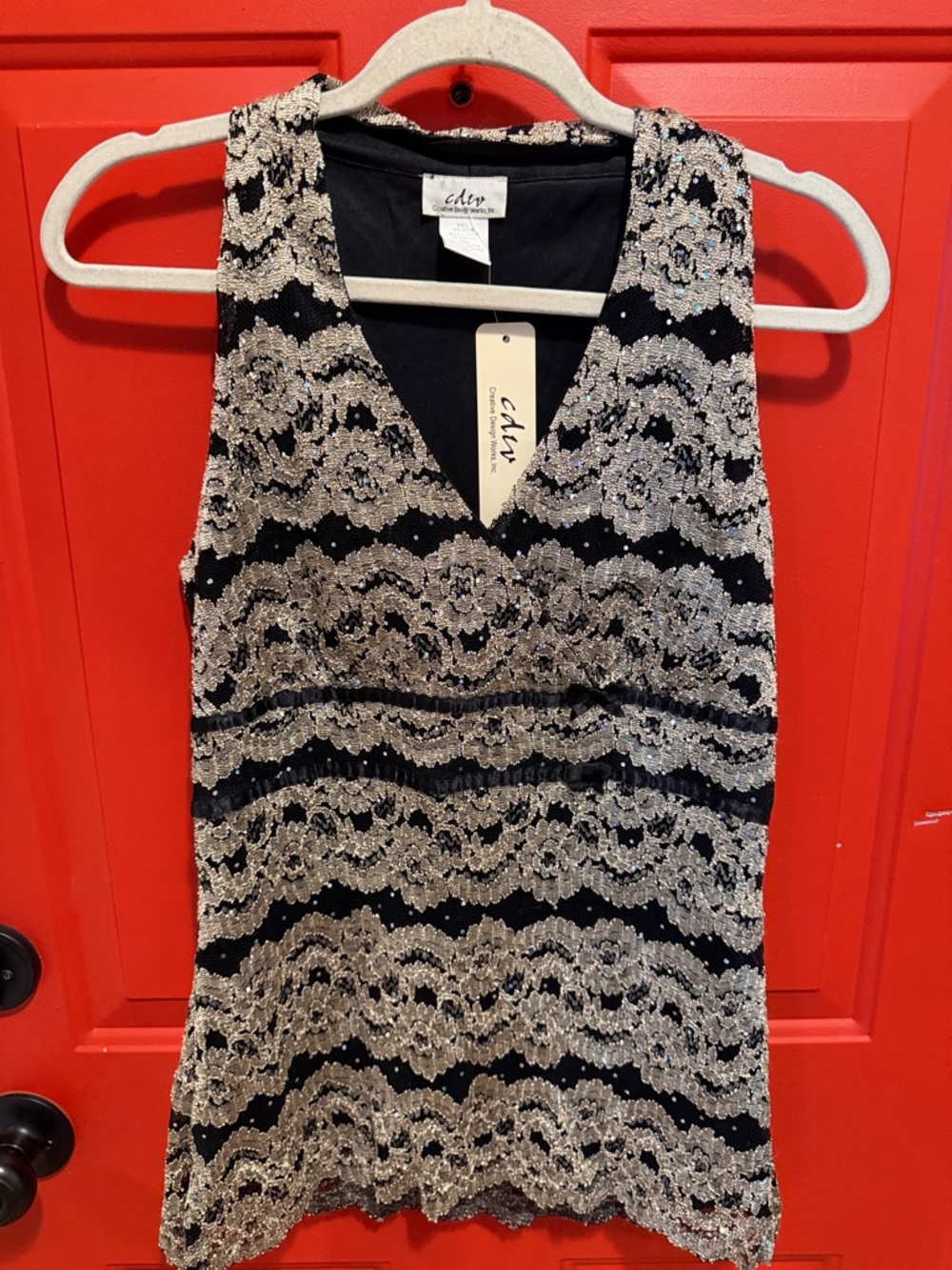 cdnv Black & Silver Lace-Effect V-Neck Camisole